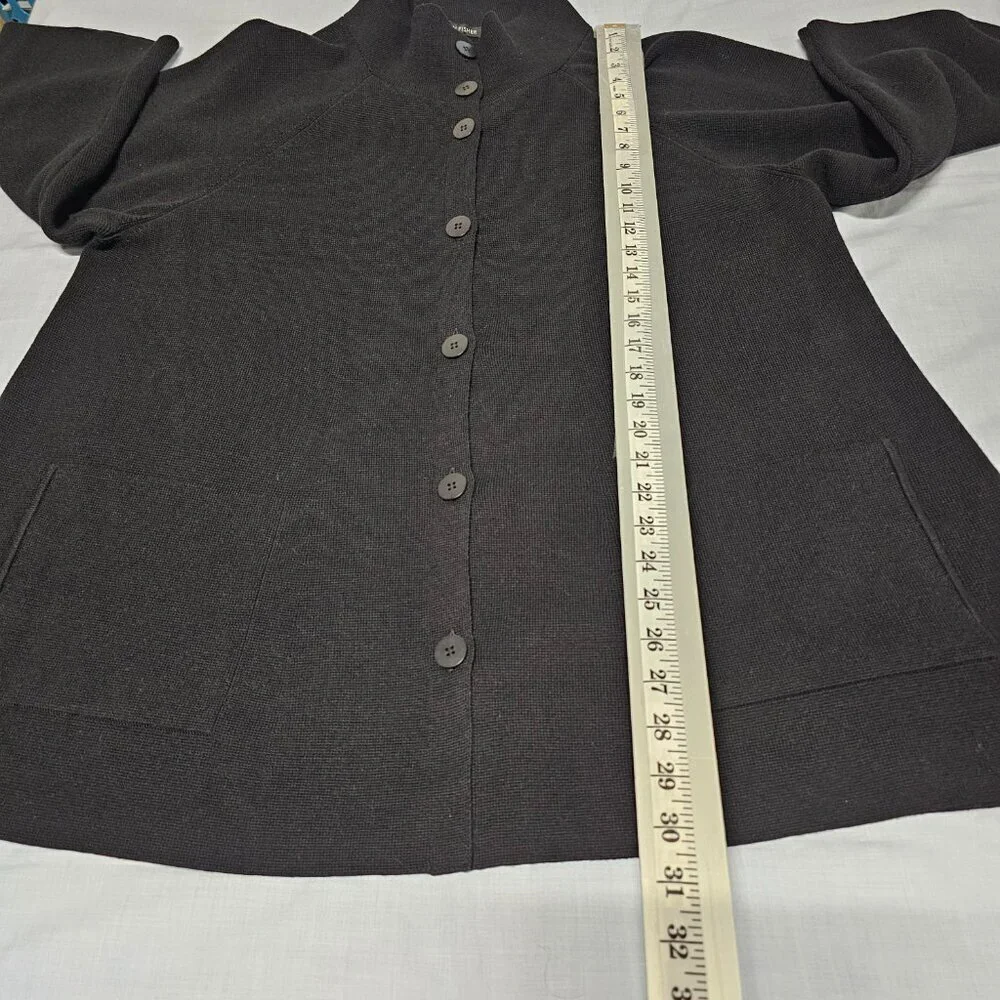Eileen Fisher Button Up Mock Neck Kimono Jacket Women Size L Black Silk/Cotton